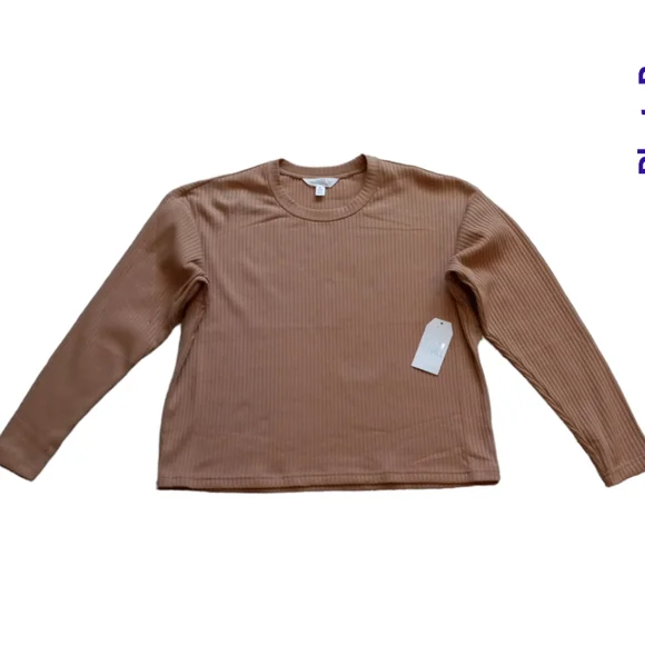 Pumpkin Spice Ribbed Long Sleeve Crewneck Top Relaxed Minimalist Slouchy Active - Picture 5 of 14
